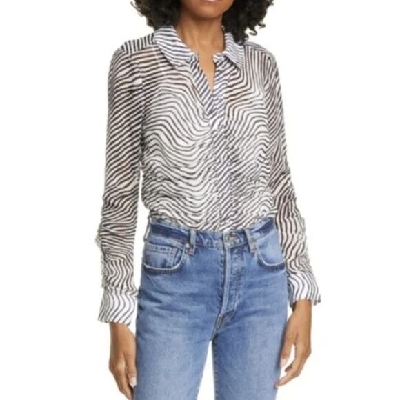 Tanya Taylor Women's Ryann Zebra Print Blouse Large Silk Semi-Sheer Animal - Picture 1 of 8